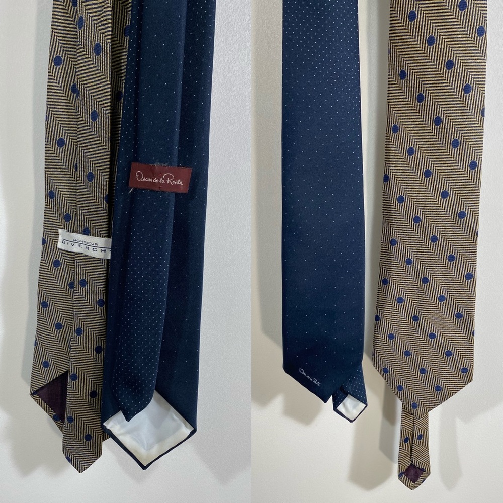 Givenchy Silk Tie & Oscar de la Renta Navy Pin Dot Tie Vintage Designer Neckties